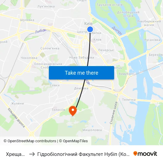 Хрещатик to Гідробіологічний Факультет Нубіп (Корпус 1) map