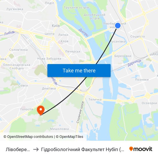Лівобережна to Гідробіологічний Факультет Нубіп (Корпус 1) map