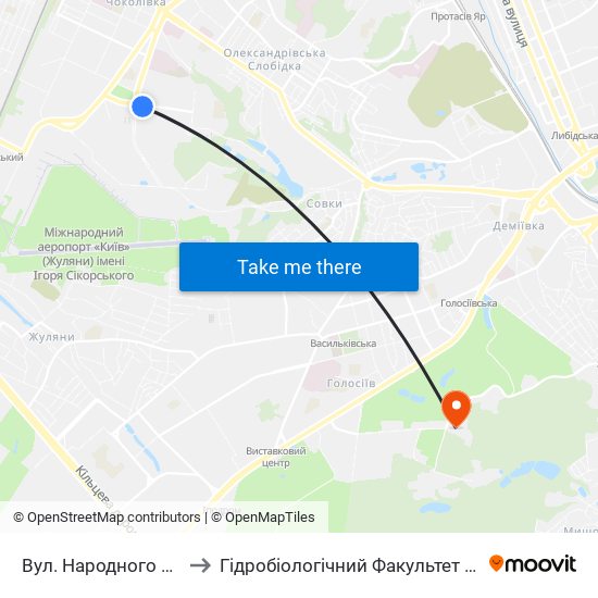 Вул. Народного Ополчення to Гідробіологічний Факультет Нубіп (Корпус 1) map