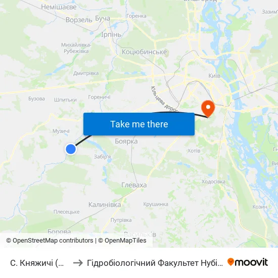 С. Княжичі (Ферма) to Гідробіологічний Факультет Нубіп (Корпус 1) map