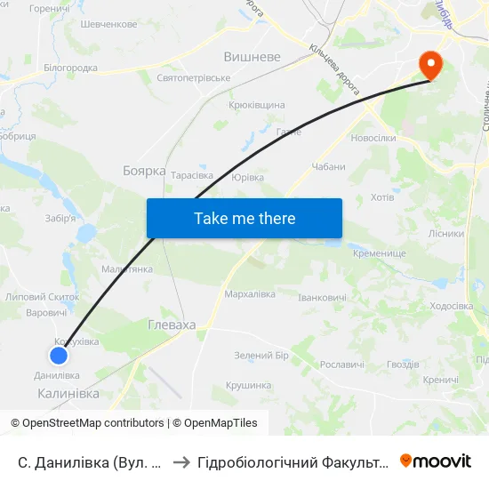 С. Данилівка (Вул. Пролетарська) to Гідробіологічний Факультет Нубіп (Корпус 1) map