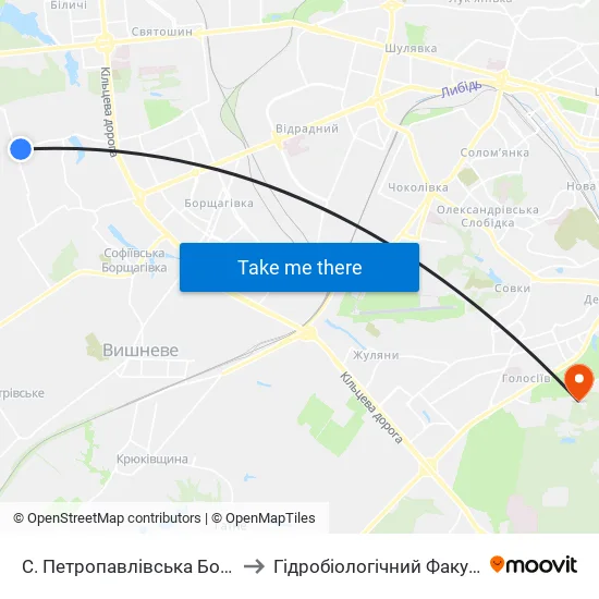 С. Петропавлівська Борщагівка (Вул. Садова) to Гідробіологічний Факультет Нубіп (Корпус 1) map
