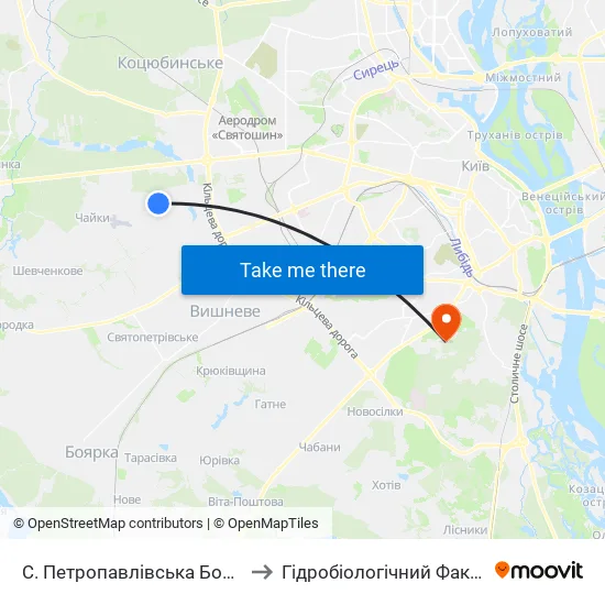С. Петропавлівська Борщагівка (Вул. Авіаторів) to Гідробіологічний Факультет Нубіп (Корпус 1) map