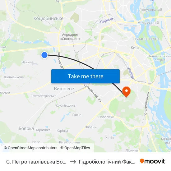 С. Петропавлівська Борщагівка (Вул. Пушкіна) to Гідробіологічний Факультет Нубіп (Корпус 1) map