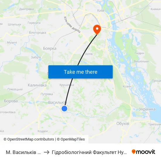 М. Васильків (Піски) to Гідробіологічний Факультет Нубіп (Корпус 1) map