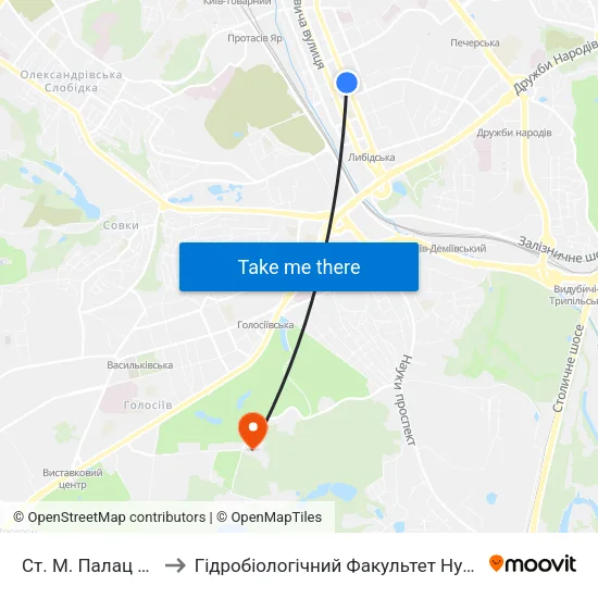 Ст. М. Палац Україна to Гідробіологічний Факультет Нубіп (Корпус 1) map