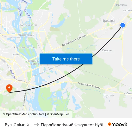 Вул. Олімпійська-1 to Гідробіологічний Факультет Нубіп (Корпус 1) map