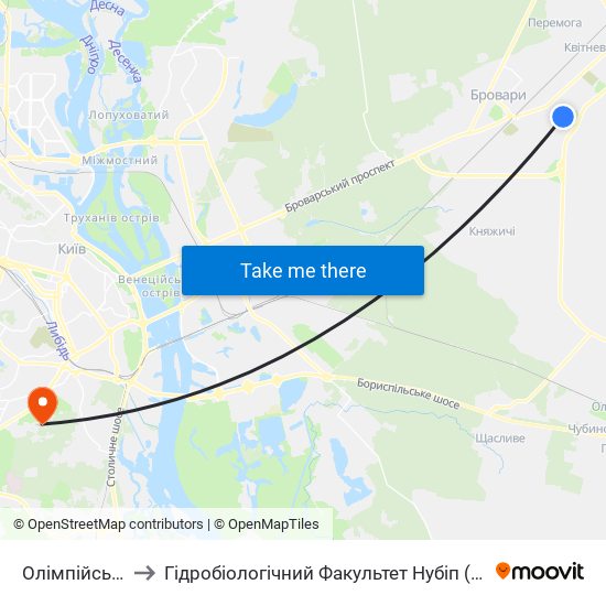 Олімпійська-1 to Гідробіологічний Факультет Нубіп (Корпус 1) map