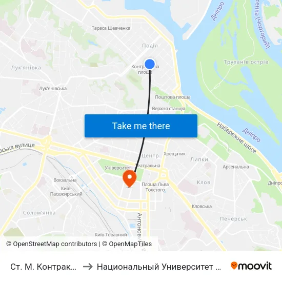 Ст. М. Контрактова Площа to Национальный Университет Пищевых Технологий map