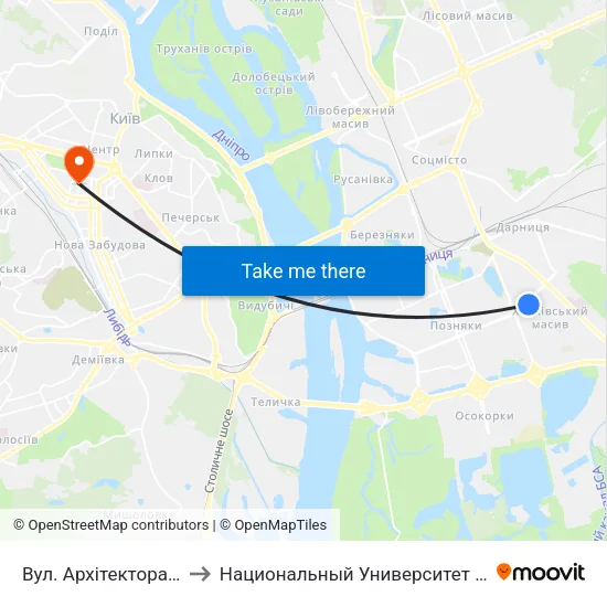 Вул. Архітектора Вербицького to Национальный Университет Пищевых Технологий map