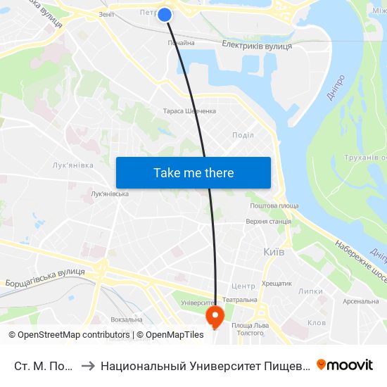 Ст. М. Почайна to Национальный Университет Пищевых Технологий map