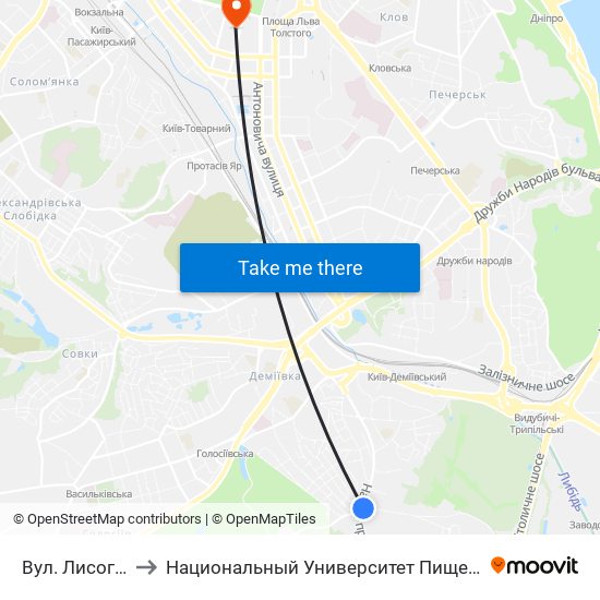 Вул. Лисогірська to Национальный Университет Пищевых Технологий map