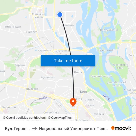 Вул. Героїв Дніпра to Национальный Университет Пищевых Технологий map