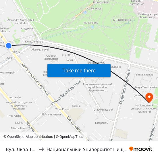 Вул. Льва Толстого to Национальный Университет Пищевых Технологий map
