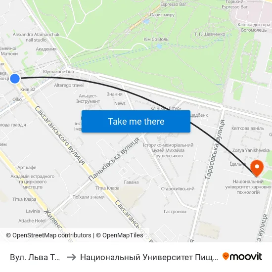 Вул. Льва Толстого to Национальный Университет Пищевых Технологий map