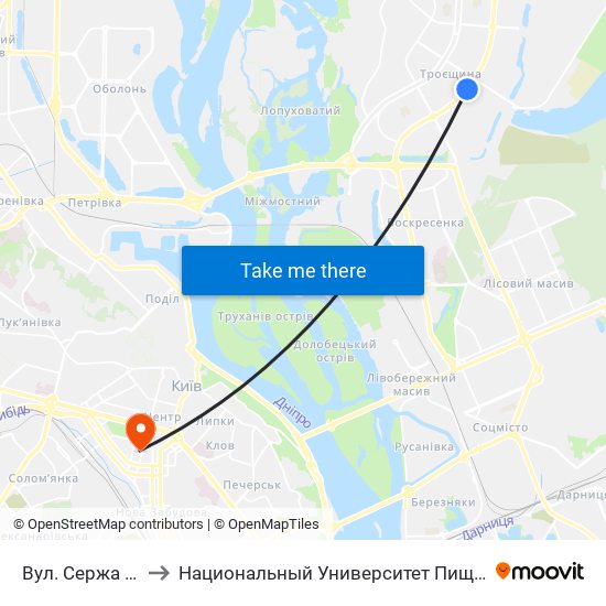 Вул. Сержа Лифаря to Национальный Университет Пищевых Технологий map