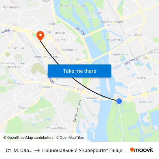 Ст. М. Славутич to Национальный Университет Пищевых Технологий map
