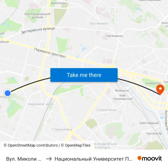 Вул. Миколи Василенка to Национальный Университет Пищевых Технологий map