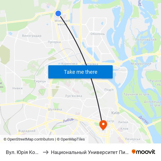 Вул. Юрія Кондратюка to Национальный Университет Пищевых Технологий map