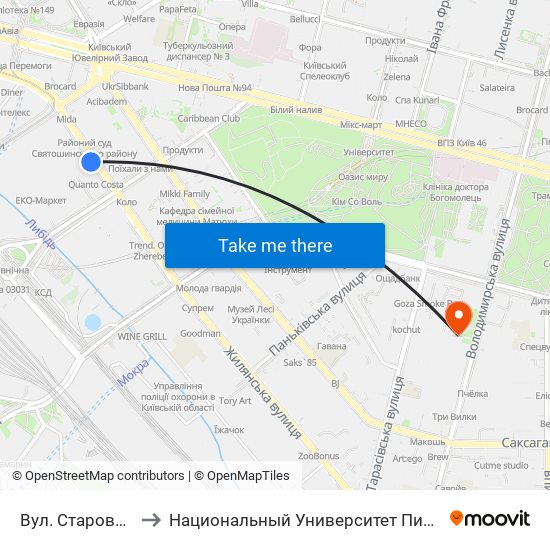 Вул. Старовокзальна to Национальный Университет Пищевых Технологий map