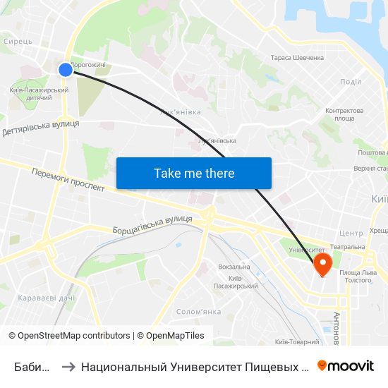 Бабин Яр to Национальный Университет Пищевых Технологий map