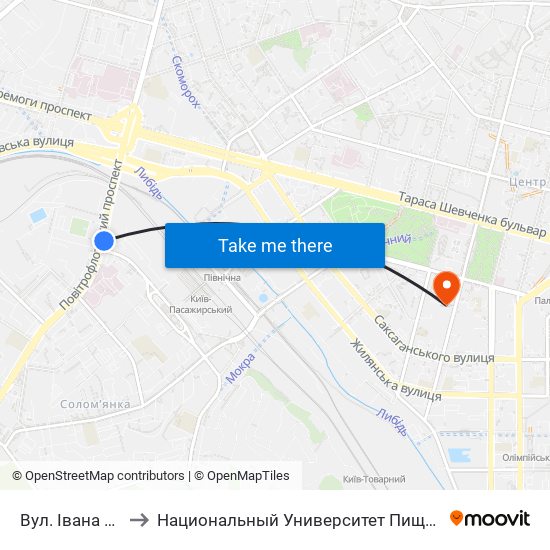 Вул. Івана Огієнка to Национальный Университет Пищевых Технологий map