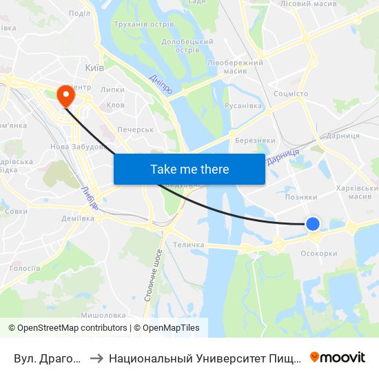 Вул. Драгоманова to Национальный Университет Пищевых Технологий map