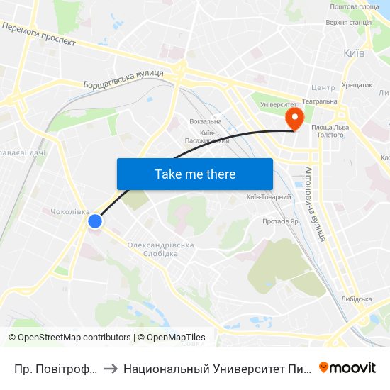 Пр. Повітрофлотський to Национальный Университет Пищевых Технологий map