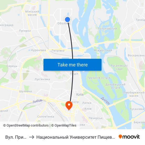 Вул. Прирічна to Национальный Университет Пищевых Технологий map