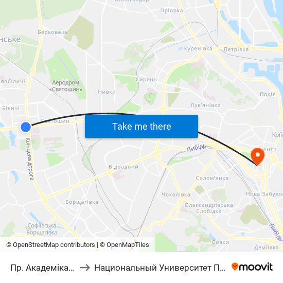 Пр. Академіка Палладіна to Национальный Университет Пищевых Технологий map