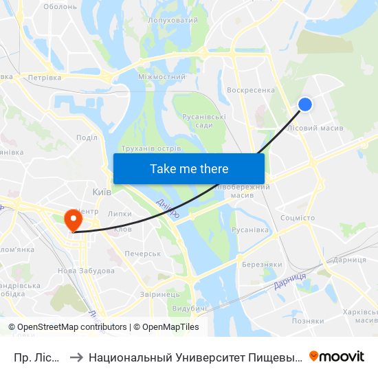 Пр. Лісовий to Национальный Университет Пищевых Технологий map