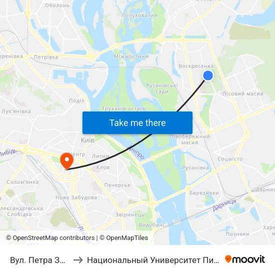 Вул. Петра Запорожця to Национальный Университет Пищевых Технологий map