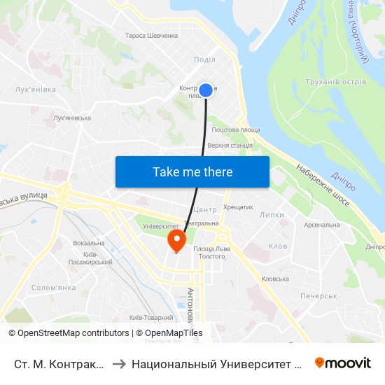 Ст. М. Контрактова Площа to Национальный Университет Пищевых Технологий map