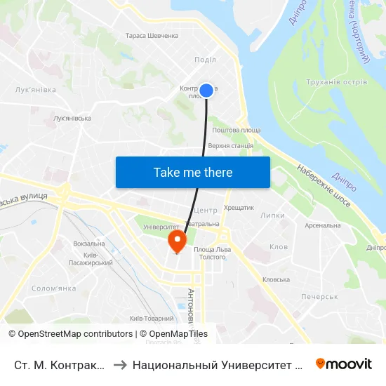 Ст. М. Контрактова Площа to Национальный Университет Пищевых Технологий map
