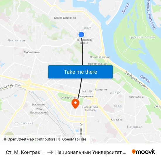 Ст. М. Контрактова Площа to Национальный Университет Пищевых Технологий map