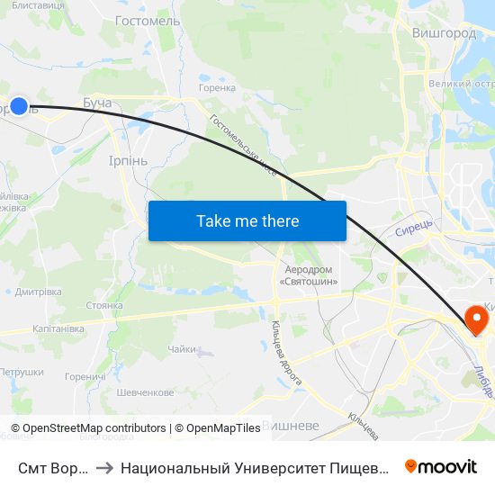 Смт Ворзель to Национальный Университет Пищевых Технологий map