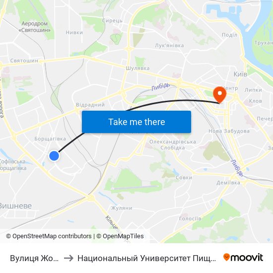 Вулиця Жолудєва to Национальный Университет Пищевых Технологий map