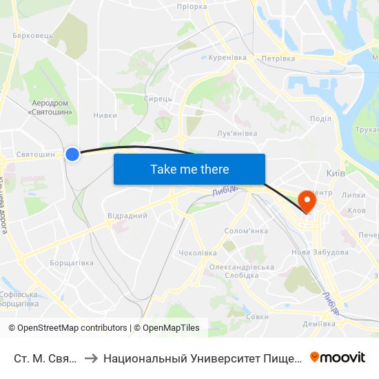 Ст. М. Святошин to Национальный Университет Пищевых Технологий map