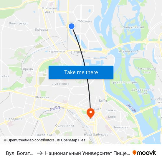 Вул. Богатирська to Национальный Университет Пищевых Технологий map