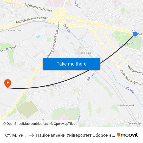 Ст. М. Університет to Національний Університет Оборони України Ім. І. Черняховського map