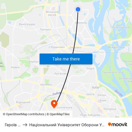 Героїв Дніпра to Національний Університет Оборони України Ім. І. Черняховського map