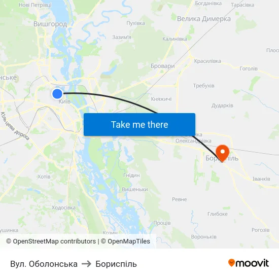Вул. Оболонська to Бориспіль map