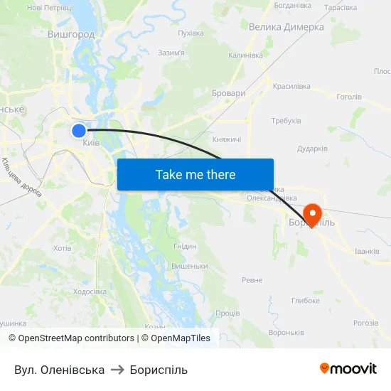 Вул. Оленівська to Бориспіль map