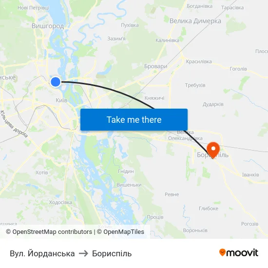 Вул. Йорданська to Бориспіль map