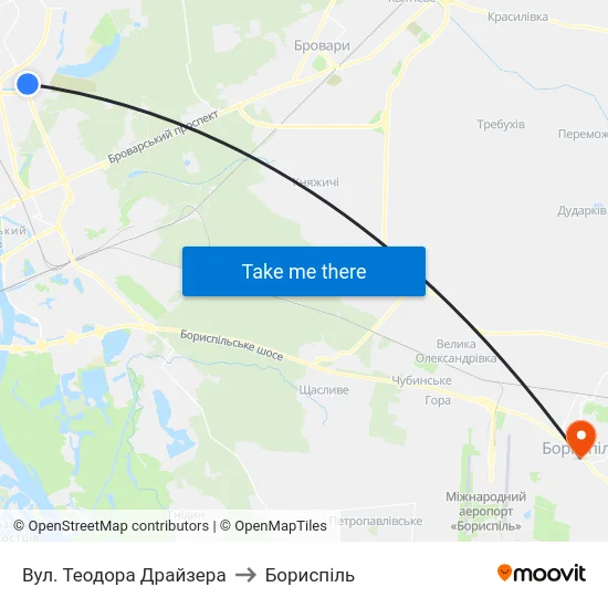Вул. Теодора Драйзера to Бориспіль map
