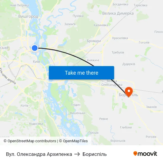 Вул. Олександра Архипенка to Бориспіль map