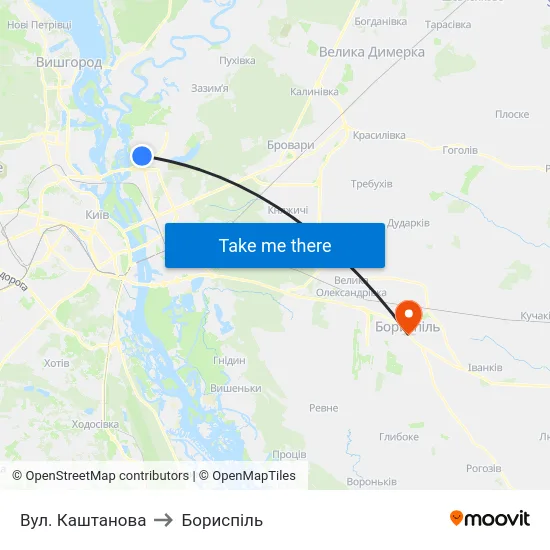 Вул. Каштанова to Бориспіль map