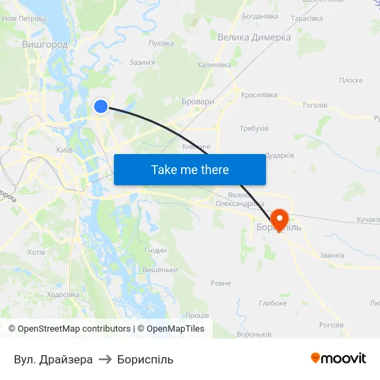 Вул. Драйзера to Бориспіль map