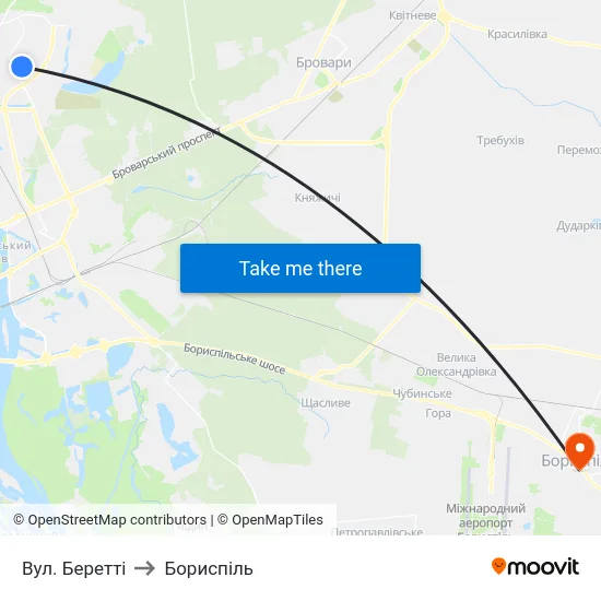Вул. Беретті to Бориспіль map