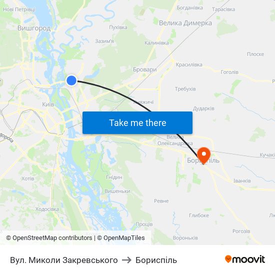 Вул. Миколи Закревського to Бориспіль map